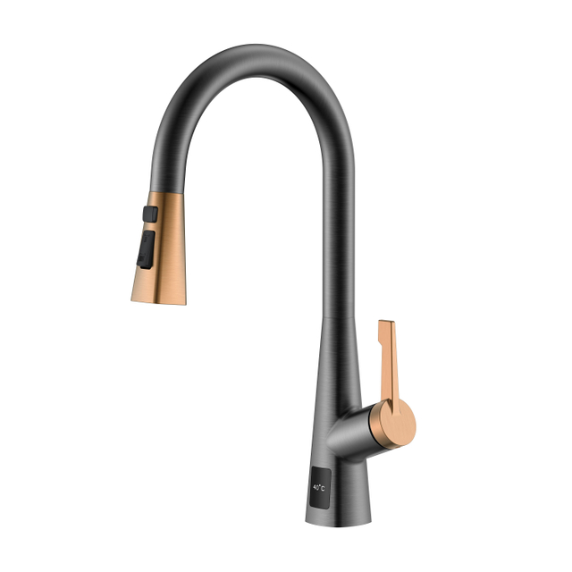 Robinet de cuisine à tirette avec affichage de la température Robinet de cuisine en acier inoxydable noir or rose