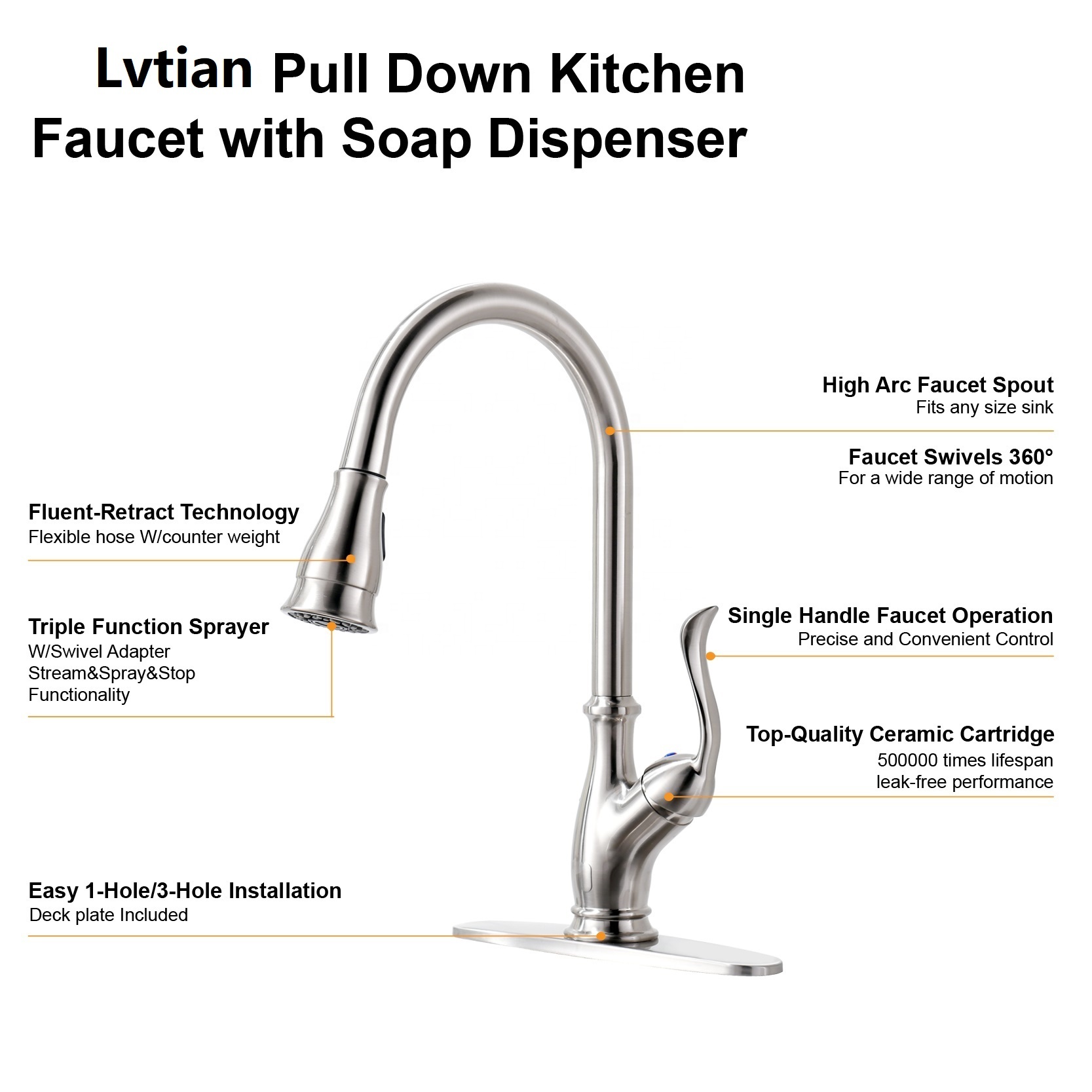Robinet de cuisine en acier inoxydable Lvtian avec tuyau flexible pour cuisine