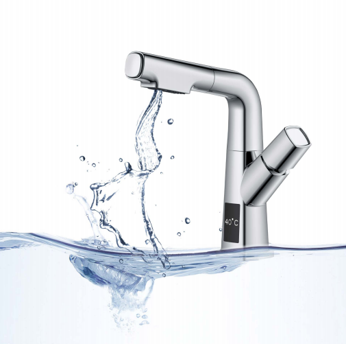 Robinet de lavabo rétractable à poignée unique avec affichage de la température Robinets de salle de bains en acier inoxydable noir