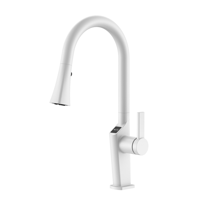 Robinet de cuisine blanc mat avec affichage de la température et brosse