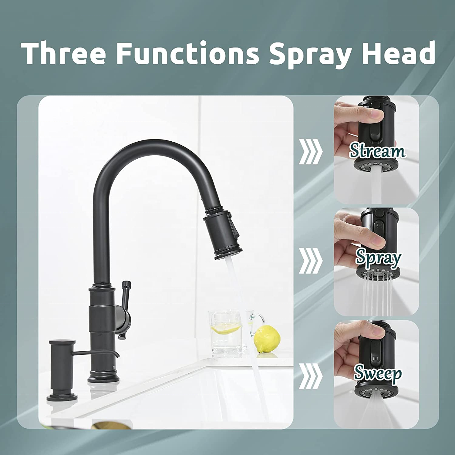 Robinet de distributeur d'eau Robinet mitigeur de cuisine à trois voies Noir mat Pull Out Spray Robinet d'évier de cuisine