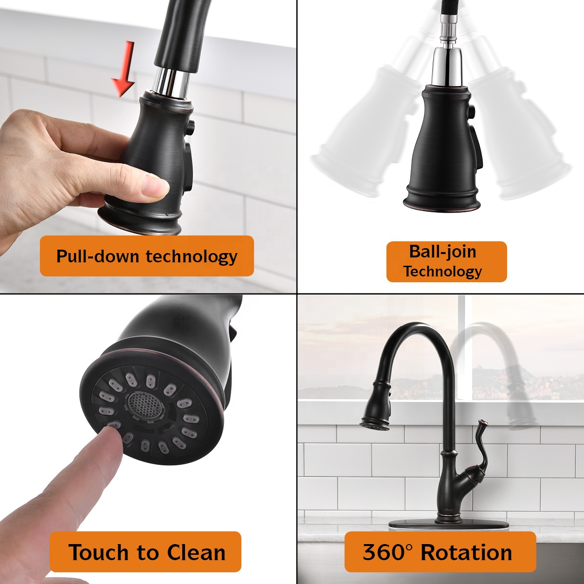 Mitigeur de robinet généralisé robinet d'eau robinet de cuisine mélangeur en acier inoxydable/noir robinets de cuisine à tirette